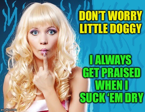 ditzy blonde | DON’T WORRY LITTLE DOGGY I ALWAYS GET PRAISED WHEN I SUCK ‘EM DRY | image tagged in ditzy blonde | made w/ Imgflip meme maker