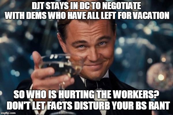 Leonardo Dicaprio Cheers Meme | DJT STAYS IN DC TO NEGOTIATE WITH DEMS WHO HAVE ALL LEFT FOR VACATION SO WHO IS HURTING THE WORKERS?  DON'T LET FACTS DISTURB YOUR BS RANT | image tagged in memes,leonardo dicaprio cheers | made w/ Imgflip meme maker