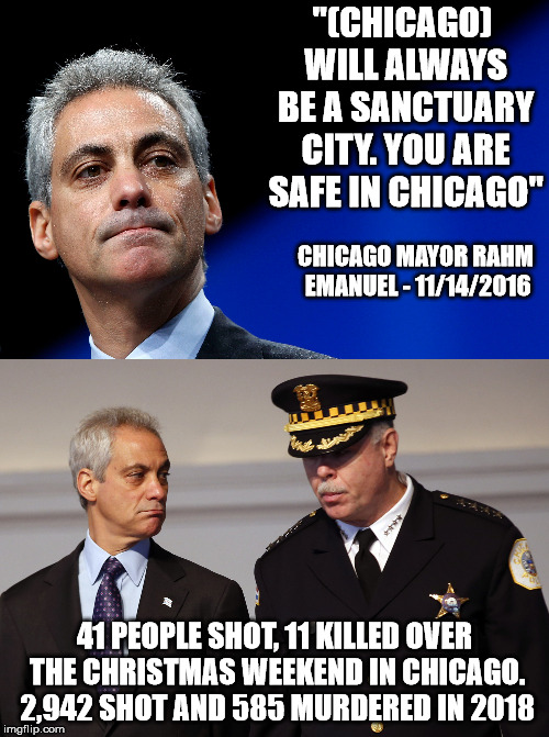 Maybe you're doing something wrong? | "(CHICAGO) WILL ALWAYS BE A SANCTUARY CITY. YOU ARE SAFE IN CHICAGO"; CHICAGO MAYOR RAHM EMANUEL - 11/14/2016; 41 PEOPLE SHOT, 11 KILLED OVER THE CHRISTMAS WEEKEND IN CHICAGO. 2,942 SHOT AND 585 MURDERED IN 2018 | image tagged in rahm emanuel | made w/ Imgflip meme maker