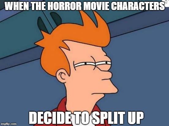Futurama Fry Meme | WHEN THE HORROR MOVIE CHARACTERS; DECIDE TO SPLIT UP | image tagged in memes,futurama fry | made w/ Imgflip meme maker