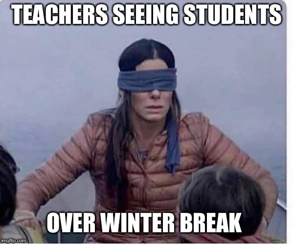 Bird Box Teacher Break | TEACHERS SEEING STUDENTS; OVER WINTER BREAK | image tagged in bird box,teacher,winter break,school,school vacation | made w/ Imgflip meme maker
