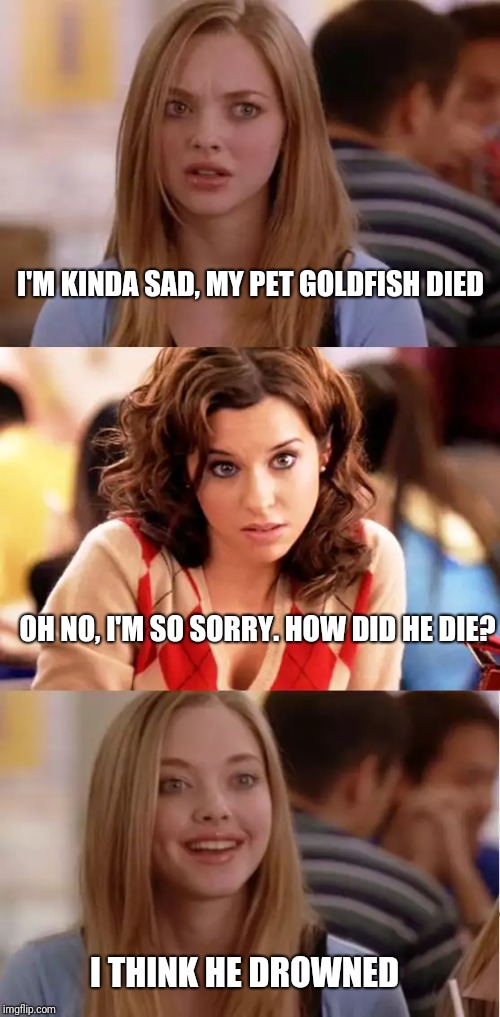 Blonde Pun | I'M KINDA SAD, MY PET GOLDFISH DIED; OH NO, I'M SO SORRY. HOW DID HE DIE? I THINK HE DROWNED | image tagged in blonde pun | made w/ Imgflip meme maker