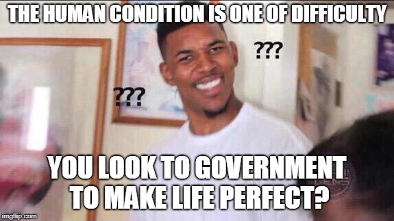Black guy confused | THE HUMAN CONDITION IS ONE OF DIFFICULTY YOU LOOK TO GOVERNMENT TO MAKE LIFE PERFECT? | image tagged in black guy confused | made w/ Imgflip meme maker