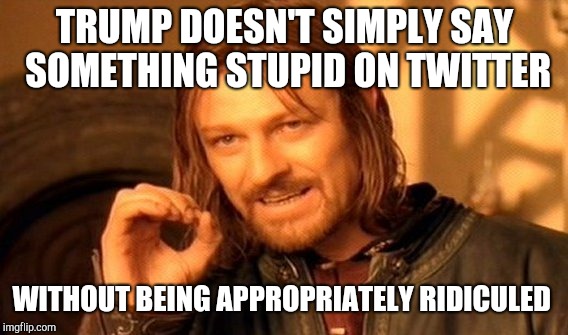 One Does Not Simply Meme | TRUMP DOESN'T SIMPLY SAY SOMETHING STUPID ON TWITTER WITHOUT BEING APPROPRIATELY RIDICULED | image tagged in memes,one does not simply | made w/ Imgflip meme maker