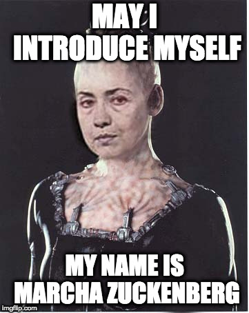 Borg Queen | MAY I INTRODUCE MYSELF MY NAME IS MARCHA ZUCKENBERG | image tagged in borg queen | made w/ Imgflip meme maker