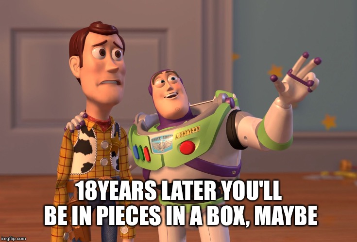 X, X Everywhere Meme | 18YEARS LATER YOU'LL BE IN PIECES IN A BOX, MAYBE | image tagged in memes,x x everywhere | made w/ Imgflip meme maker
