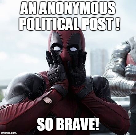 Deadpool Surprised Meme | AN ANONYMOUS POLITICAL POST ! SO BRAVE! | image tagged in memes,deadpool surprised | made w/ Imgflip meme maker