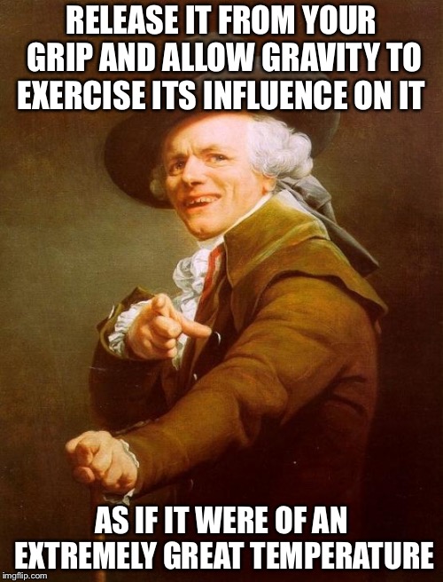 Joseph Ducreux | RELEASE IT FROM YOUR GRIP AND ALLOW GRAVITY TO EXERCISE ITS INFLUENCE ON IT; AS IF IT WERE OF AN EXTREMELY GREAT TEMPERATURE | image tagged in memes,joseph ducreux | made w/ Imgflip meme maker