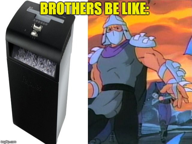 Shredder | BROTHERS BE LIKE: | image tagged in shredder | made w/ Imgflip meme maker