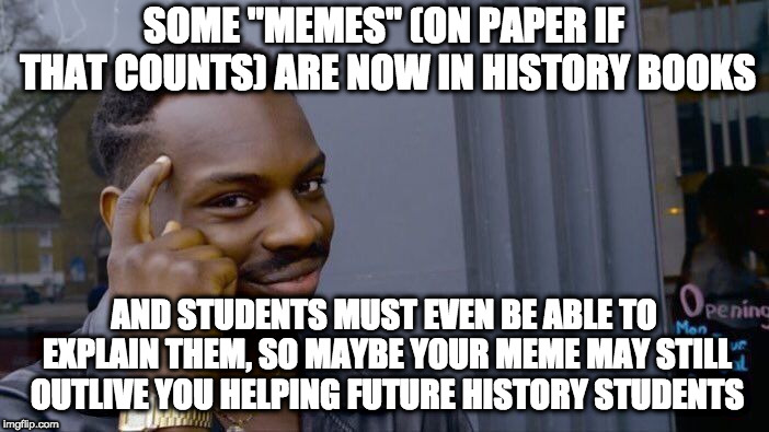 Roll Safe Think About It Meme | SOME "MEMES" (ON PAPER IF THAT COUNTS) ARE NOW IN HISTORY BOOKS AND STUDENTS MUST EVEN BE ABLE TO EXPLAIN THEM, SO MAYBE YOUR MEME MAY STILL | image tagged in memes,roll safe think about it | made w/ Imgflip meme maker