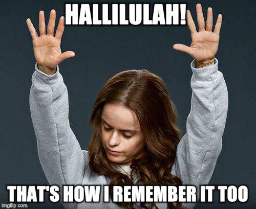 Praise the lord | HALLILULAH! THAT'S HOW I REMEMBER IT TOO | image tagged in praise the lord | made w/ Imgflip meme maker