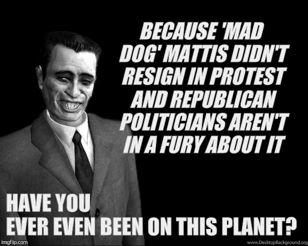 . | BECAUSE 'MAD DOG' MATTIS DIDN'T RESIGN IN PROTEST AND REPUBLICAN POLITICIANS AREN'T IN A FURY ABOUT IT HAVE YOU EVER EVEN BEEN ON THIS PLANE | image tagged in g-man from half-life | made w/ Imgflip meme maker