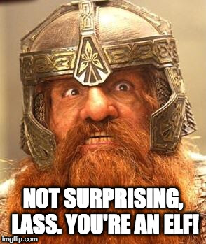 Gimli Knew Meme | NOT SURPRISING, LASS. YOU'RE AN ELF! | image tagged in gimli knew meme | made w/ Imgflip meme maker