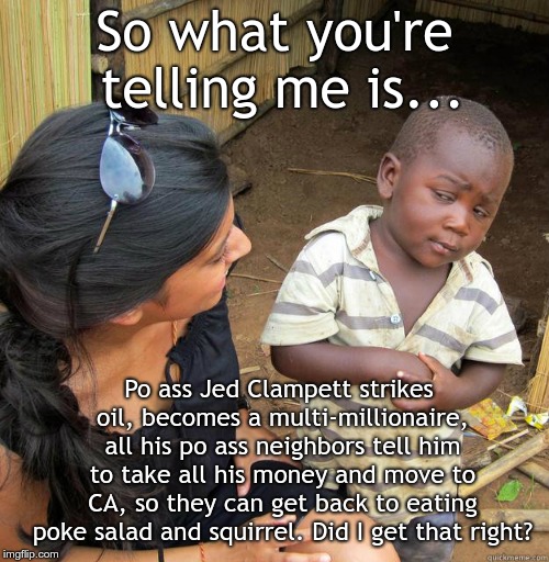 skeptical black boy | So what you're telling me is... Po ass Jed Clampett strikes oil, becomes a multi-millionaire, all his po ass neighbors tell him to take all his money and move to CA, so they can get back to eating poke salad and squirrel. Did I get that right? | image tagged in skeptical black boy | made w/ Imgflip meme maker