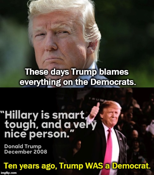 We're not really talking about integrity here. | These days Trump blames everything on the Democrats. Ten years ago, Trump WAS a Democrat. | image tagged in trump,democrats,hillary | made w/ Imgflip meme maker