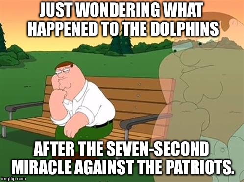 Dolphins ran out of luck after the seven second miracle | JUST WONDERING WHAT HAPPENED TO THE DOLPHINS; AFTER THE SEVEN-SECOND MIRACLE AGAINST THE PATRIOTS. | image tagged in pensive reflecting thoughtful peter griffin,miami dolphins,new england patriots,miracle,memes,nfl football | made w/ Imgflip meme maker
