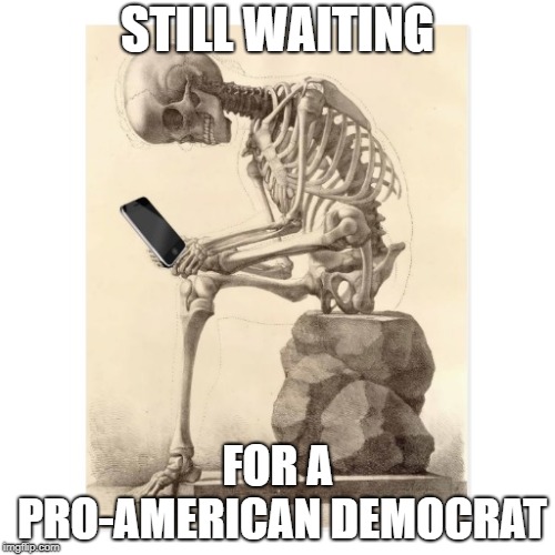 Skeleton checking cell phone |  STILL WAITING; FOR A PRO-AMERICAN DEMOCRAT | image tagged in skeleton checking cell phone | made w/ Imgflip meme maker