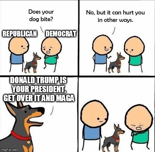 does your dog bite | REPUBLICAN       DEMOCRAT; DONALD TRUMP IS YOUR PRESIDENT, GET OVER IT AND MAGA | image tagged in does your dog bite | made w/ Imgflip meme maker