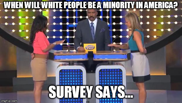 Family Feud | WHEN WILL WHITE PEOPLE BE A MINORITY IN AMERICA? SURVEY SAYS... | image tagged in family feud | made w/ Imgflip meme maker