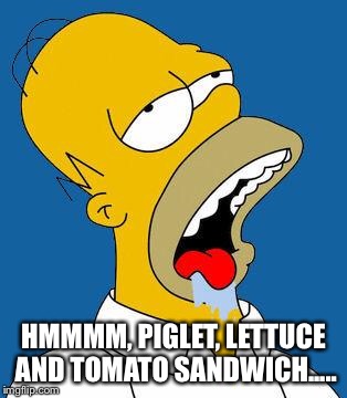 Homer Drooling | HMMMM, PIGLET, LETTUCE AND TOMATO SANDWICH..... | image tagged in homer drooling | made w/ Imgflip meme maker