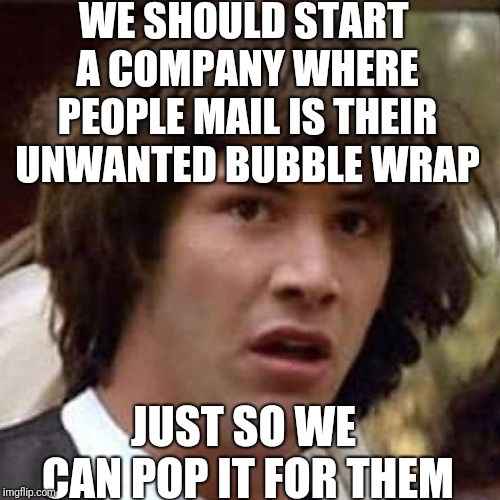 whoa | WE SHOULD START A COMPANY WHERE PEOPLE MAIL IS THEIR UNWANTED BUBBLE WRAP JUST SO WE CAN POP IT FOR THEM | image tagged in whoa | made w/ Imgflip meme maker