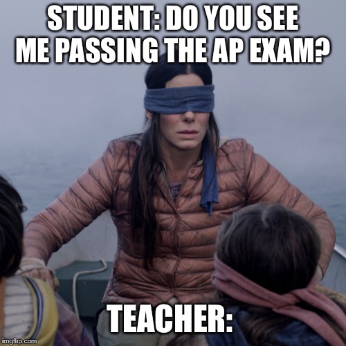Bird Box Meme | STUDENT: DO YOU SEE ME PASSING THE AP EXAM? TEACHER: | image tagged in bird box | made w/ Imgflip meme maker