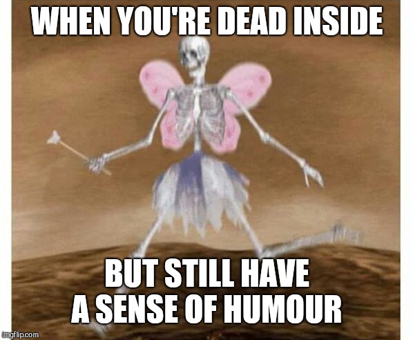 WHEN YOU'RE DEAD INSIDE; BUT STILL HAVE A SENSE OF HUMOUR | image tagged in fabulous skeleton | made w/ Imgflip meme maker