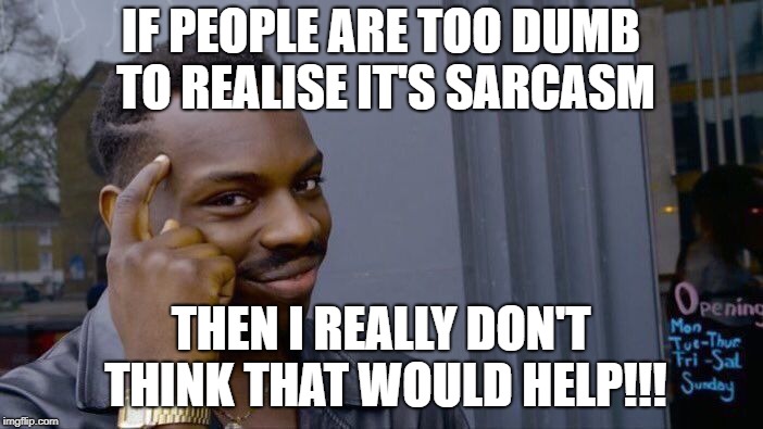 Roll Safe Think About It Meme | IF PEOPLE ARE TOO DUMB TO REALISE IT'S SARCASM THEN I REALLY DON'T THINK THAT WOULD HELP!!! | image tagged in memes,roll safe think about it | made w/ Imgflip meme maker