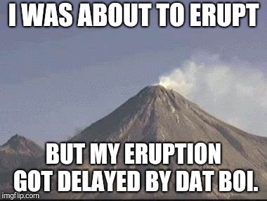 Volcano eruption delay meme | I WAS ABOUT TO ERUPT; BUT MY ERUPTION GOT DELAYED BY DAT BOI. | image tagged in volcano eruption delay meme | made w/ Imgflip meme maker