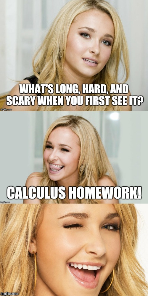 Did you think I meant my...? | WHAT'S LONG, HARD, AND SCARY WHEN YOU FIRST SEE IT? CALCULUS HOMEWORK! | image tagged in bad pun hayden panettiere,memes,almost nsfw,math,calculus,homework | made w/ Imgflip meme maker