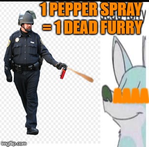 1 PEPPER SPRAY = 1 DEAD FURRY; AAAA | image tagged in cop,furry,dead,pepperspray | made w/ Imgflip meme maker