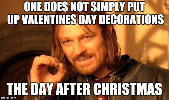 To all those people who do this,many hate you | ONE DOES NOT SIMPLY PUT UP VALENTINES DAY DECORATIONS; THE DAY AFTER CHRISTMAS | image tagged in memes,one does not simply,valentine's day,funny memes,funny,wow | made w/ Imgflip meme maker