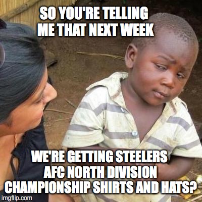 It Happens... | SO YOU'RE TELLING ME THAT NEXT WEEK; WE'RE GETTING STEELERS AFC NORTH DIVISION CHAMPIONSHIP SHIRTS AND HATS? | image tagged in so you're telling me | made w/ Imgflip meme maker