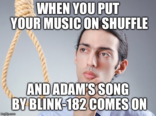 I get that it’s more uplifting towards the end, but it is a very depressing song (also about suicide.) | WHEN YOU PUT YOUR MUSIC ON SHUFFLE; AND ADAM’S SONG BY BLINK-182 COMES ON | image tagged in noose,blink-182,adams song | made w/ Imgflip meme maker