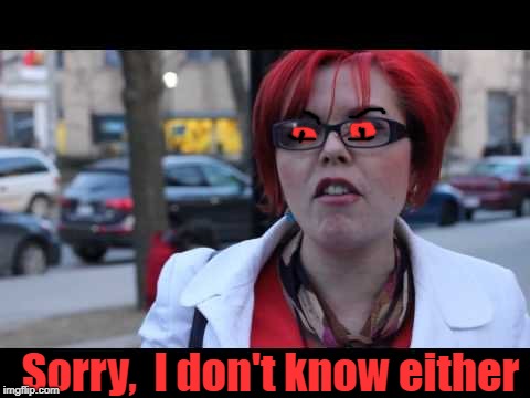 Sorry,  I don't know either | image tagged in smiling feminist | made w/ Imgflip meme maker