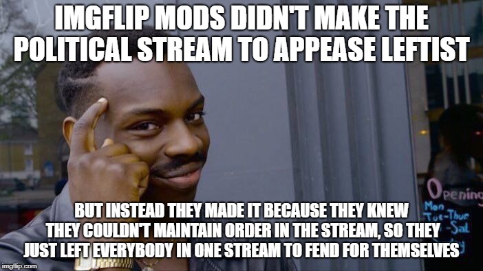 It Would Explain Why They Don't Moderate Political Rules  | IMGFLIP MODS DIDN'T MAKE THE POLITICAL STREAM TO APPEASE LEFTIST; BUT INSTEAD THEY MADE IT BECAUSE THEY KNEW THEY COULDN'T MAINTAIN ORDER IN THE STREAM, SO THEY JUST LEFT EVERYBODY IN ONE STREAM TO FEND FOR THEMSELVES | image tagged in memes,roll safe think about it,politics,political meme,imgflip,theory | made w/ Imgflip meme maker