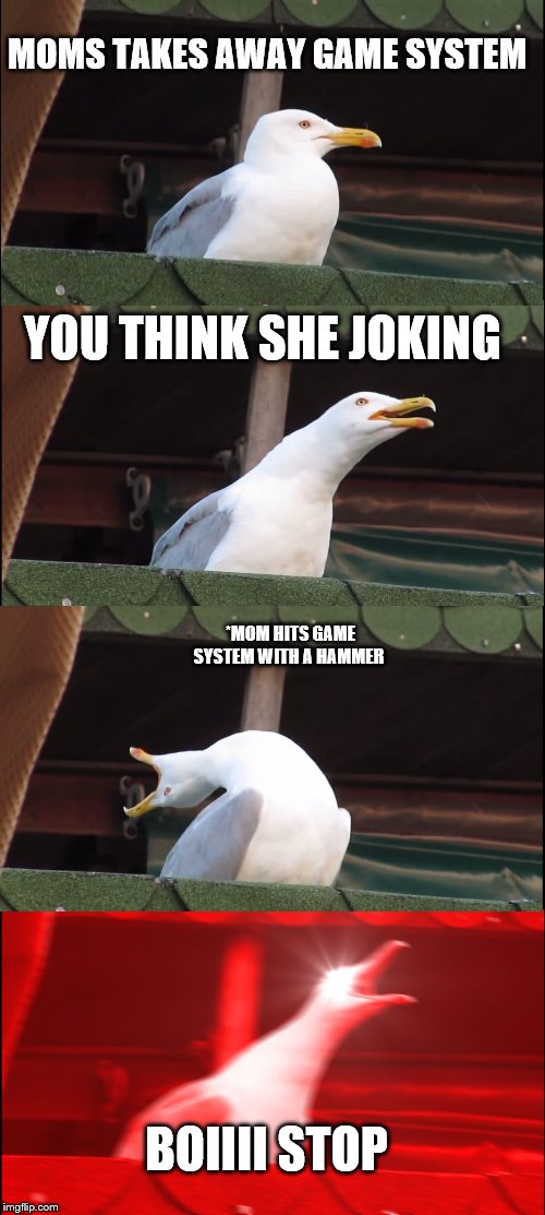 Inhaling Seagull Meme | MOMS TAKES AWAY GAME SYSTEM; YOU THINK SHE JOKING; *MOM HITS GAME SYSTEM WITH A HAMMER; BOIIII STOP | image tagged in memes,inhaling seagull | made w/ Imgflip meme maker
