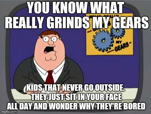 Peter Griffin News | YOU KNOW WHAT REALLY GRINDS MY GEARS; KIDS THAT NEVER GO OUTSIDE. THEY JUST SIT IN YOUR FACE ALL DAY AND WONDER WHY THEY'RE BORED | image tagged in memes,peter griffin news | made w/ Imgflip meme maker