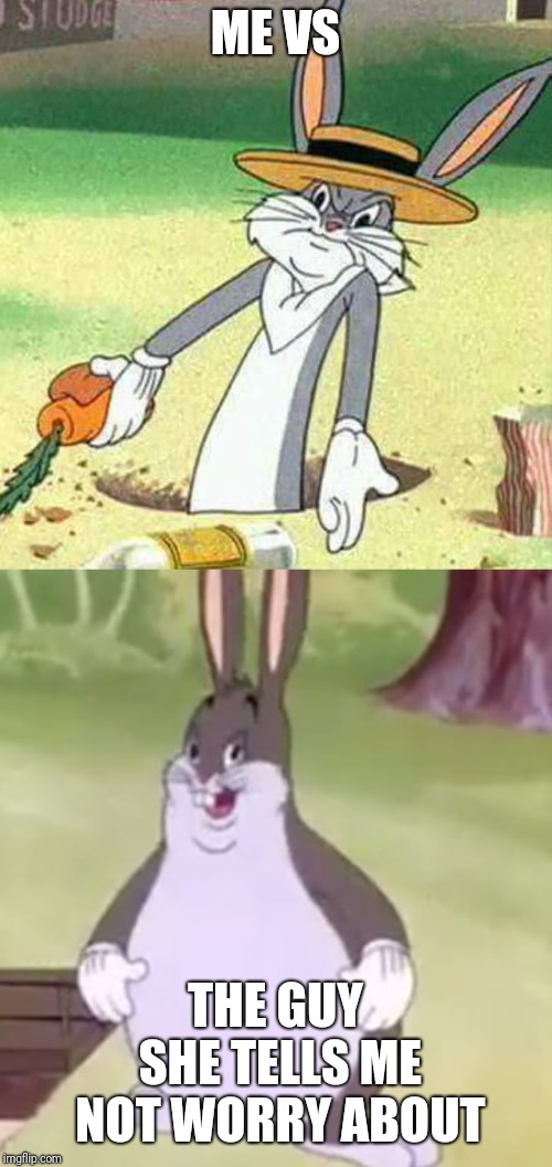 ME VS; THE GUY SHE TELLS ME NOT WORRY ABOUT | image tagged in bugs bunny,big chungus | made w/ Imgflip meme maker