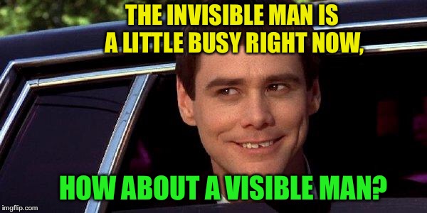 dumb and dumber | THE INVISIBLE MAN IS A LITTLE BUSY RIGHT NOW, HOW ABOUT A VISIBLE MAN? | image tagged in dumb and dumber | made w/ Imgflip meme maker