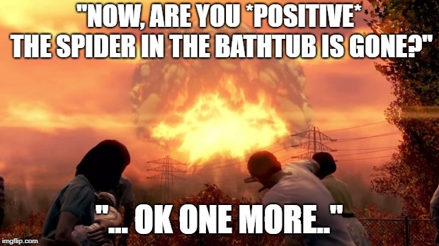 Fallout Nuke | "NOW, ARE YOU *POSITIVE* THE SPIDER IN THE BATHTUB IS GONE?"; "... OK ONE MORE.." | image tagged in fallout nuke | made w/ Imgflip meme maker