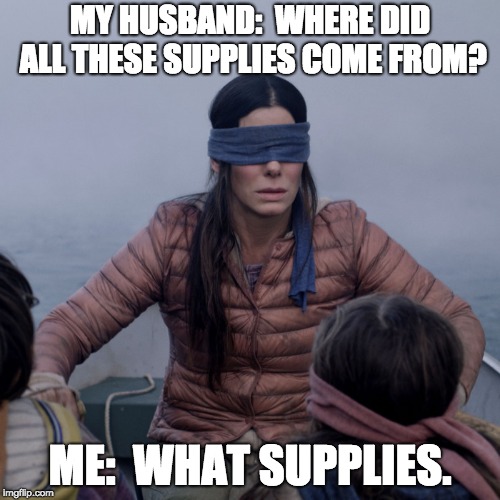 Bird Box Meme | MY HUSBAND:  WHERE DID ALL THESE SUPPLIES COME FROM? ME:  WHAT SUPPLIES. | image tagged in bird box | made w/ Imgflip meme maker