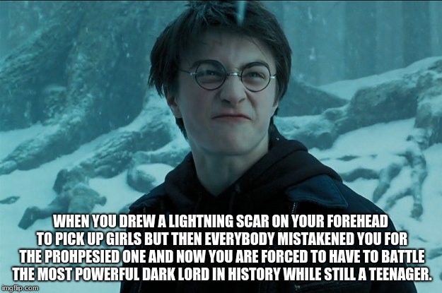 WHEN YOU DREW A LIGHTNING SCAR ON YOUR FOREHEAD TO PICK UP GIRLS BUT THEN EVERYBODY MISTAKENED YOU FOR THE PROHPESIED ONE AND NOW YOU ARE FORCED TO HAVE TO BATTLE THE MOST POWERFUL DARK LORD IN HISTORY WHILE STILL A TEENAGER. | image tagged in harry potter meme | made w/ Imgflip meme maker