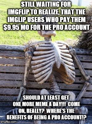 Waiting Skeleton Meme | STILL WAITING FOR IMGFLIP TO REALIZE, THAT THE IMGLIP USERS WHO PAY THEM $9.95 MO FOR THE PRO ACCOUNT; SHOULD AT LEAST GET ONE MORE MEME A DAY!!!  COME ON, REALLY?  WHERE'S THE BENEFITS OF BEING A PRO ACCOUNT!? | image tagged in memes,waiting skeleton | made w/ Imgflip meme maker