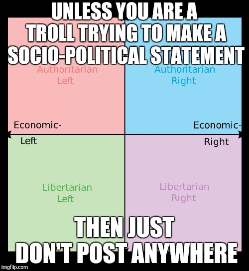 Political compass | UNLESS YOU ARE A TROLL TRYING TO MAKE A SOCIO-POLITICAL STATEMENT THEN JUST DON'T POST ANYWHERE | image tagged in political compass | made w/ Imgflip meme maker
