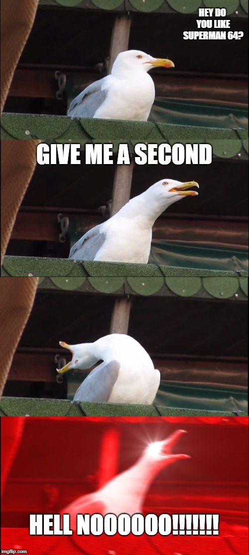Inhaling Seagull | HEY DO YOU LIKE SUPERMAN 64? GIVE ME A SECOND; HELL NOOOOOO!!!!!!! | image tagged in memes,inhaling seagull | made w/ Imgflip meme maker