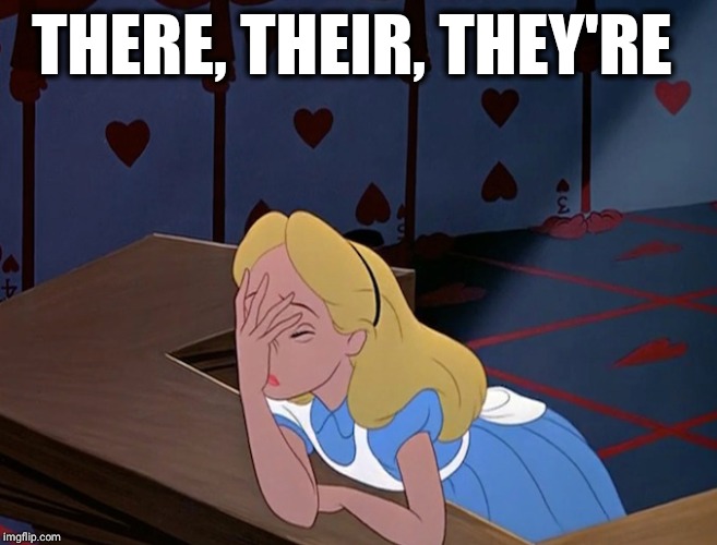 Alice in Wonderland Face Palm Facepalm | THERE, THEIR, THEY'RE | image tagged in alice in wonderland face palm facepalm | made w/ Imgflip meme maker