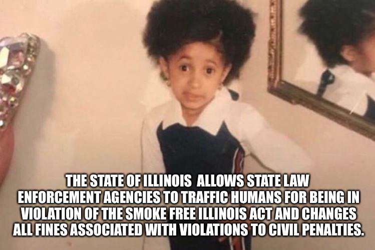 Young Cardi B Meme | THE STATE OF ILLINOIS 
ALLOWS STATE LAW ENFORCEMENT AGENCIES TO TRAFFIC HUMANS FOR BEING IN VIOLATION OF THE SMOKE FREE ILLINOIS ACT AND CHANGES ALL FINES ASSOCIATED WITH VIOLATIONS TO CIVIL PENALTIES. | image tagged in memes,young cardi b | made w/ Imgflip meme maker