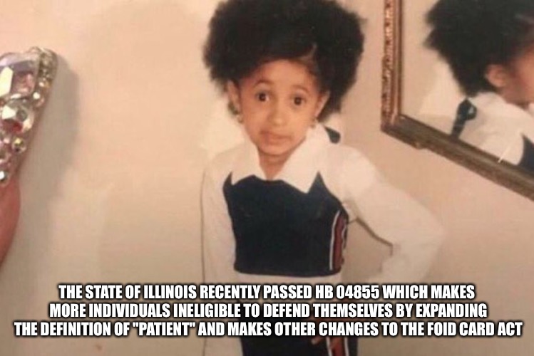 Young Cardi B | THE STATE OF ILLINOIS RECENTLY PASSED HB 04855
WHICH MAKES MORE INDIVIDUALS INELIGIBLE TO DEFEND THEMSELVES BY EXPANDING THE DEFINITION OF "PATIENT" AND MAKES OTHER CHANGES TO THE FOID CARD ACT | image tagged in memes,young cardi b | made w/ Imgflip meme maker