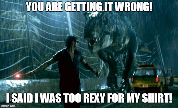 jurassic park trex | YOU ARE GETTING IT WRONG! I SAID I WAS TOO REXY FOR MY SHIRT! | image tagged in jurassic park trex | made w/ Imgflip meme maker